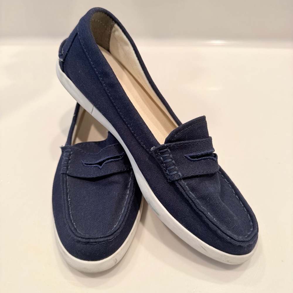 Cole Haan Navy Canvas Penny Loafers with White Sole